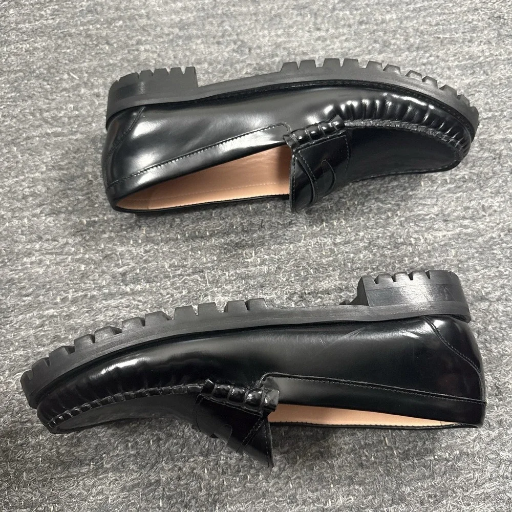 J Crew Winona Lug Sole Penny Loafers Women 9 Black Spazzolato Leather Chunky - Picture 10 of 12